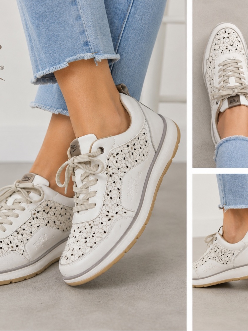 Flexi White Laser-Cut Leather Sneakers with Tan Sole Accents